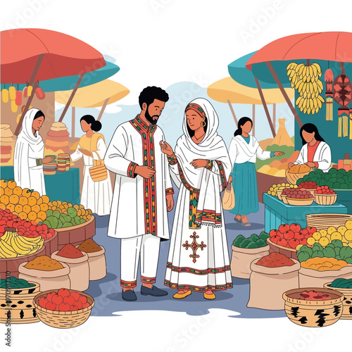 Ethiopian couple in traditional clothing at a vibrant market stall