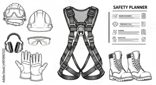 Collection of Personal Protective Equipment for Construction Safety.