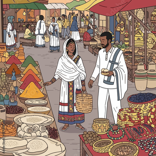 Ethiopian couple shopping at colorful spice market, traditional clothing