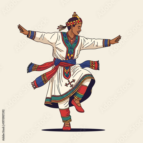 Ethiopian man dancing in traditional clothing, cultural celebration, vibrant colors