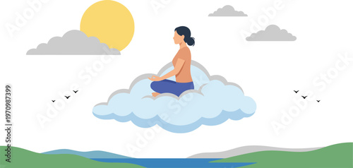 Peaceful woman meditating in lotus pose sitting on a soft floating cloud high above green hills and a bright sun symbolizing ultimate mental calmness and zen peace.