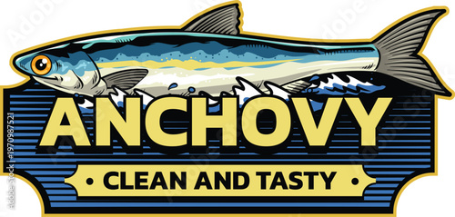 Clean and tasty anchovy fish vintage badge design for canned food or seafood packaging