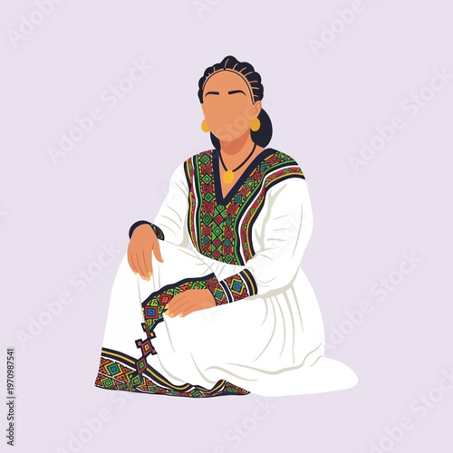 Ethiopian Woman in Traditional Dress, Sitting, Colorful Embroidery