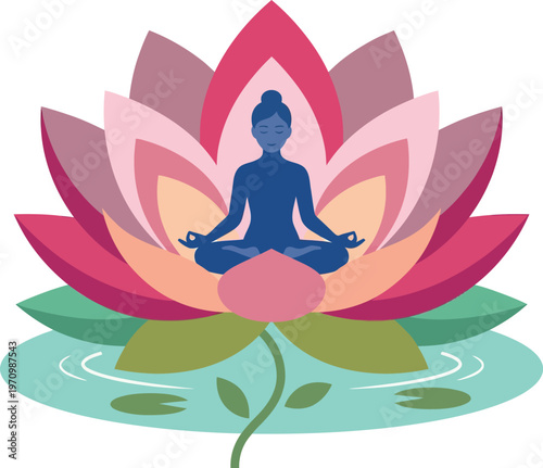 Serene blue woman silhouette meditating in lotus pose inside a beautiful pink blooming lotus flower floating on tranquil water symbolizing inner peace and wellness.