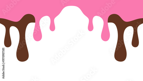 Sweet melting chocolate and pink strawberry icing glaze background. Melted syrup or dripping liquid sauce. Minimalist sweet chocolate and strawberry pink background. Minimalist wavy background.