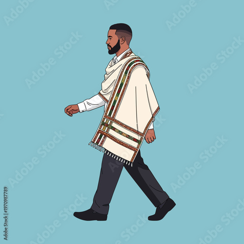Man in traditional attire walking with a shawl