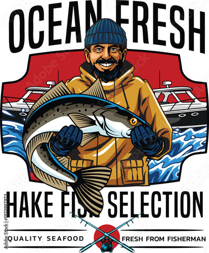 Fisherman character wearing a beanie holding a hake fish with a scenic boat background in retro style