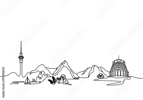 Combined New Zealand Cities Icons Monoline Skyline Background