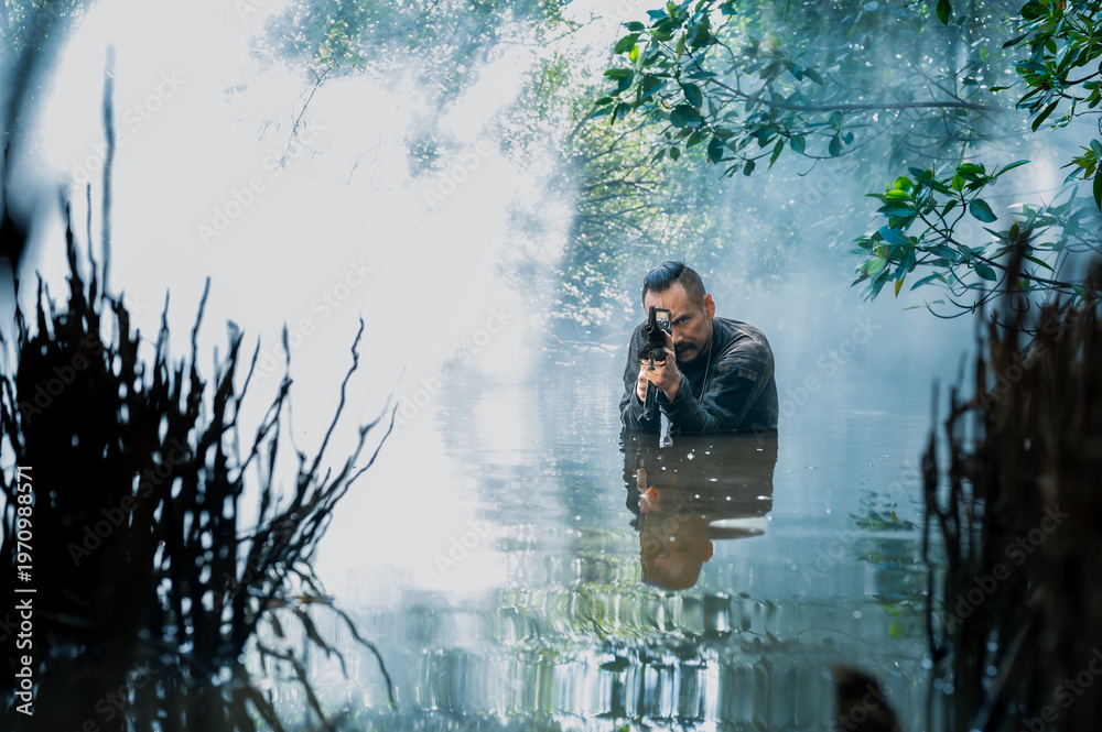 Fototapeta premium Special Forces Soldier in Jungle with Smoke, Tactical Military Operation
