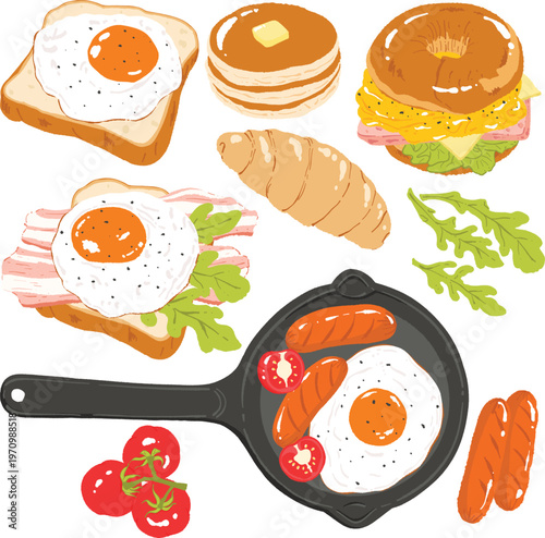 Breakfast Food Vector Set with Eggs Toast Pancakes and Sausage