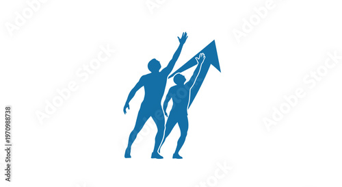 Two blue figures reaching for upward growth arrow