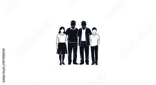 Smiling family of four standing together in minimalist style