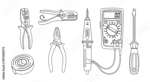 Simple electronic and electrical repair tools line art collection