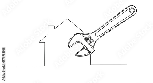 One line drawing of a house outline and adjustable wrench