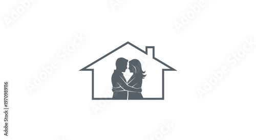 Embracing couple silhouette inside house outline for home concept.
