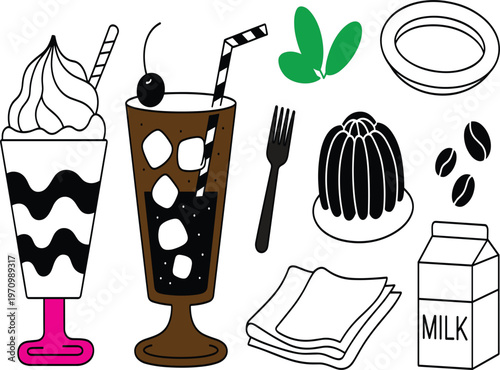 Coffee shop set with iced latte, milkshake, milk carton, and sweet chocolate dessert vector illustration