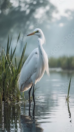 A great white egret with pristine white plumage stands in shallow wetland water next to tall green reeds, featuring soft morning light and a misty background with water reflection.