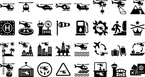 Business travel icons: helicopter, plane, and cruise ship in dark theme
