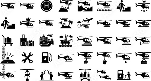 Business travel icons: helicopter, plane, and cruise ship in dark theme
