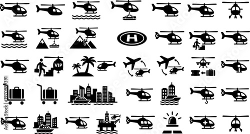 Business travel icons: helicopter, plane, and cruise ship in dark theme
