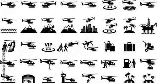 Business travel icons: helicopter, plane, and cruise ship in dark theme
