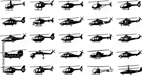 Minimalist black helicopter icons on dark background
