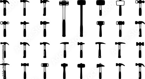Variety of hammers: simple line art illustrations depicting different hammer types
