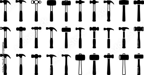 Variety of hammers: simple line art illustrations depicting different hammer types
