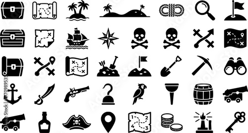 Black silhouette pirate icons: treasure map, ship, skull and crossbones, palm tree

