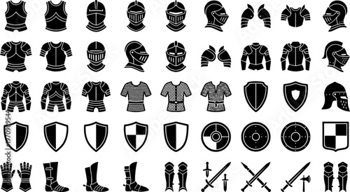 Medieval knight armor icons set in black and white silhouettes
