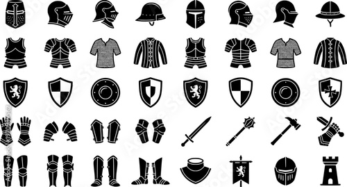 Medieval knight armor icons set in black and white silhouettes
