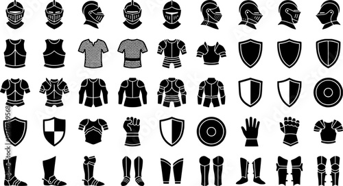 Medieval knight armor icons set in black and white silhouettes
