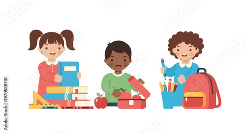 Three diverse children are happily preparing for school by organizing their books, lunch boxes, and various school supplies.