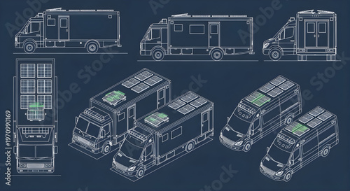 Solar Mobile Clinic and Ambulance AutoCAD Blueprint Vector – Green Energy Emergency Medical Vehicles Multi View Technical Drawing White Outline on Dark Blue