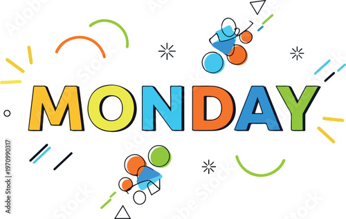 Vibrant and Dynamic Monday typography illustration featuring abstract geometric elements, symbolizing a fresh start and the energetic potential of a new week ahead