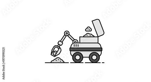 Cement mixer truck with excavator.