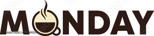 Graphic illustration symbolizing the start of the week, featuring a stylized coffee cup integrated into the word 'Monday' to evoke a sense of energy and a fresh beginning for daily routines