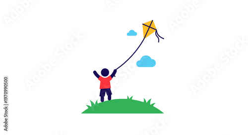Child Flying Yellow Kite Outdoors Freely.