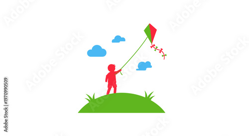 Child Playing with Colorful Kite Outdoors.