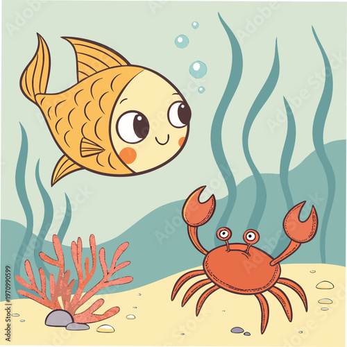 Cartoon sea creatures, fish and crab, underwater scene, ocean animals, vector illustration
