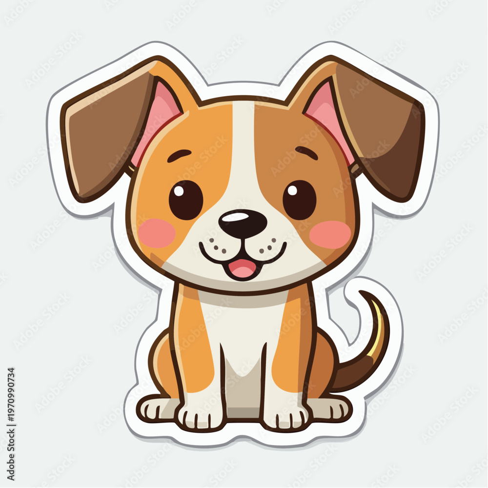 Fototapeta premium A cute cartoon dog sticker with brown and white fur, sitting and looking forward with a friendly expression on a white background.