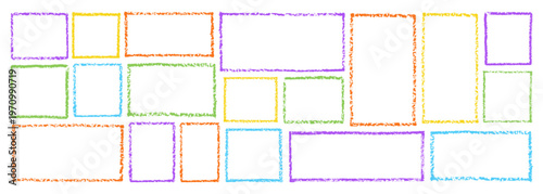 Colorful kindergarten crayon frame with hand-drawn doodle border vector illustration set. Cute childish design perfect for school projects, children s art, and playful text backgrounds.