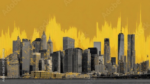 Abstract urban skyline with yellow tones and digital soundwave representation reflecting modern city life and creativity in graphic design elements