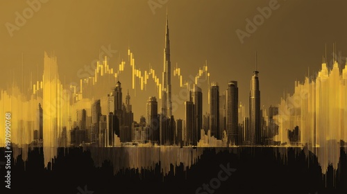 Modern city skyline silhouette with abstract sound wave pattern in golden tones, showcasing vibrant urban architecture against a striking background