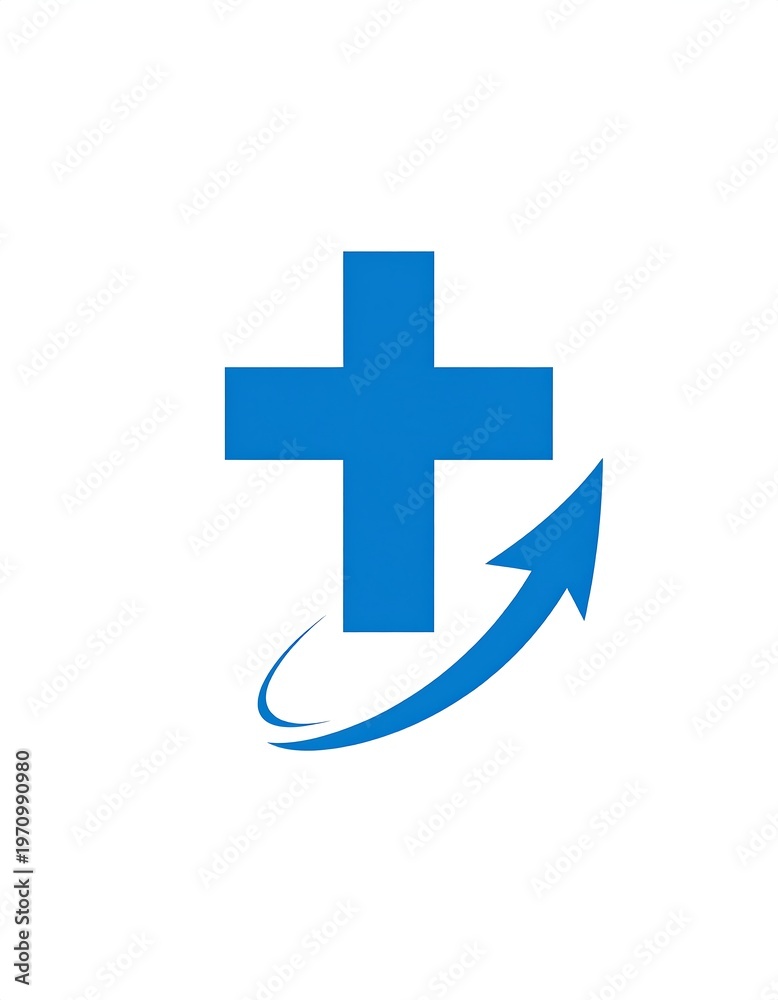 Fototapeta premium A medical symbol in bright blue featuring a cross with an upward curving arrow, on a plain white background