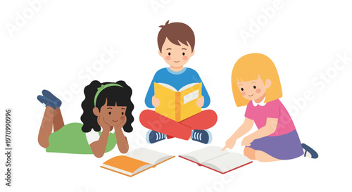 Three diverse children are happily reading books together on the floor, fostering a love for learning and literacy in a bright, clean vector style.