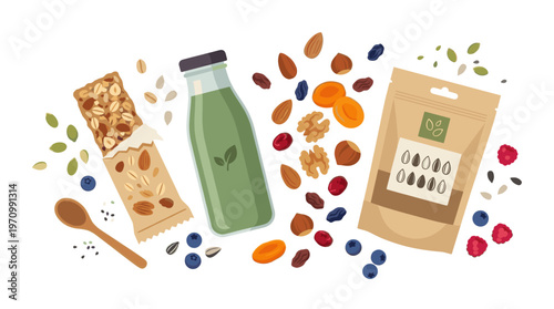 A colorful, flat lay illustration showcases a variety of healthy snack items including a granola bar, a green smoothie in a bottle, nuts, dried fruits, berries, and seeds scattered around.