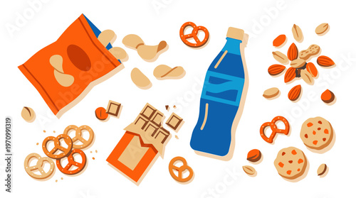 A vibrant flat lay illustration features a collection of popular snacks and a blue bottle of drink scattered against a white background, perfect for food concepts.