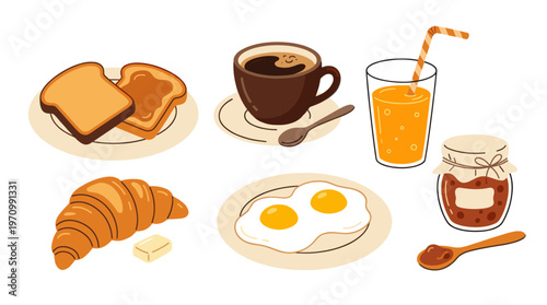 A cheerful flat illustration of a breakfast spread featuring coffee, juice, toast, croissant, fried eggs, and jam, perfect for healthy lifestyle and food concepts.