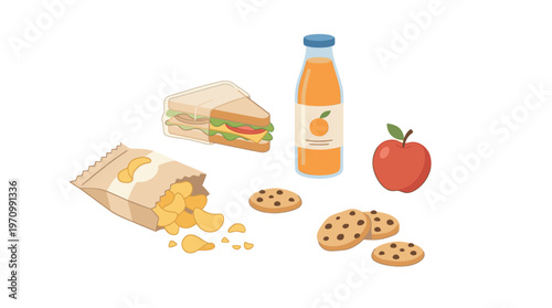 A collection of popular lunch items including a sandwich, chips, cookies, juice, and an apple are displayed against a clean white background.
